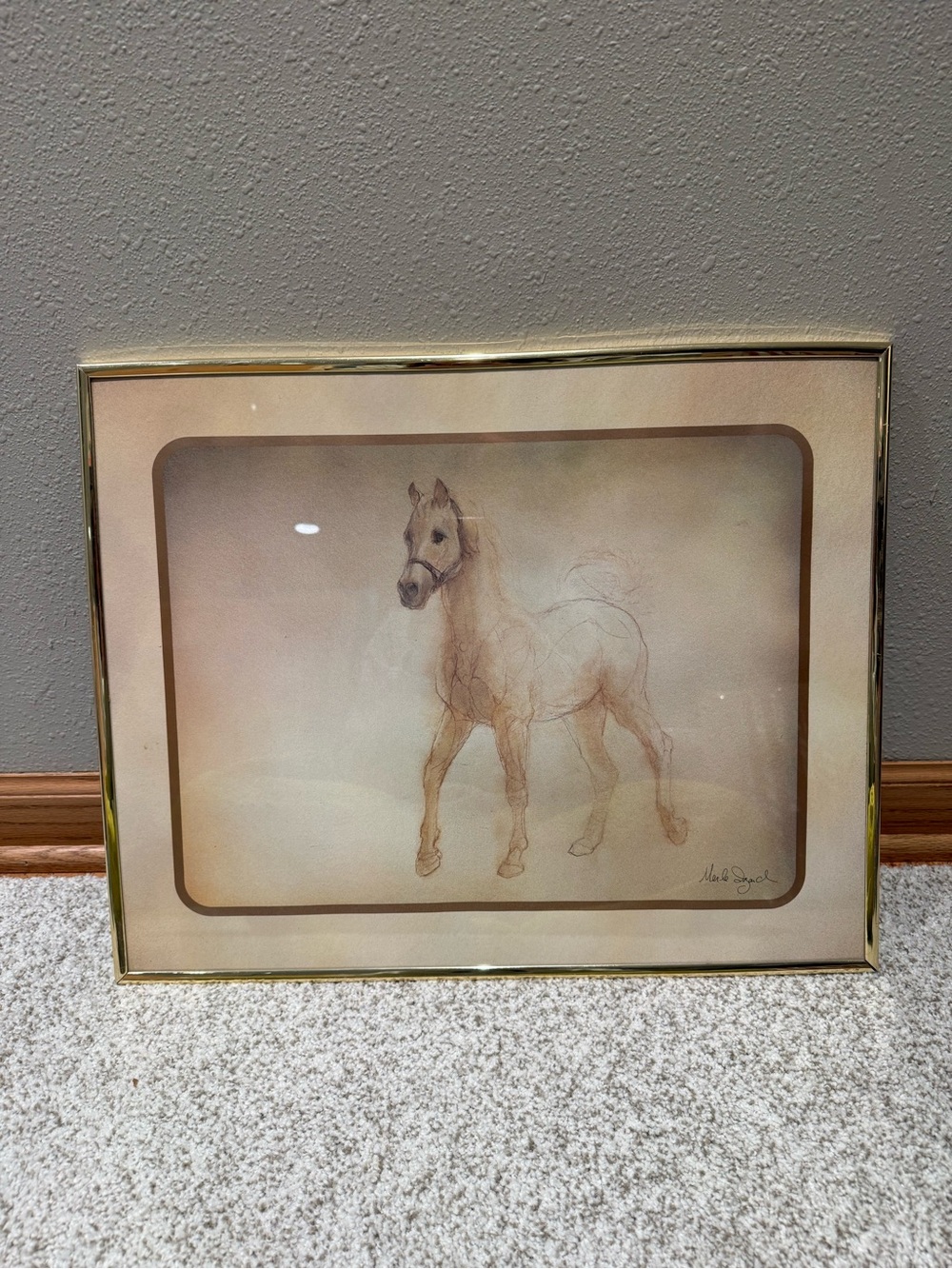 Vintage Merle Smagacz Signed Horse Sketch Print Foal Colt Brass Gold Metal Frame